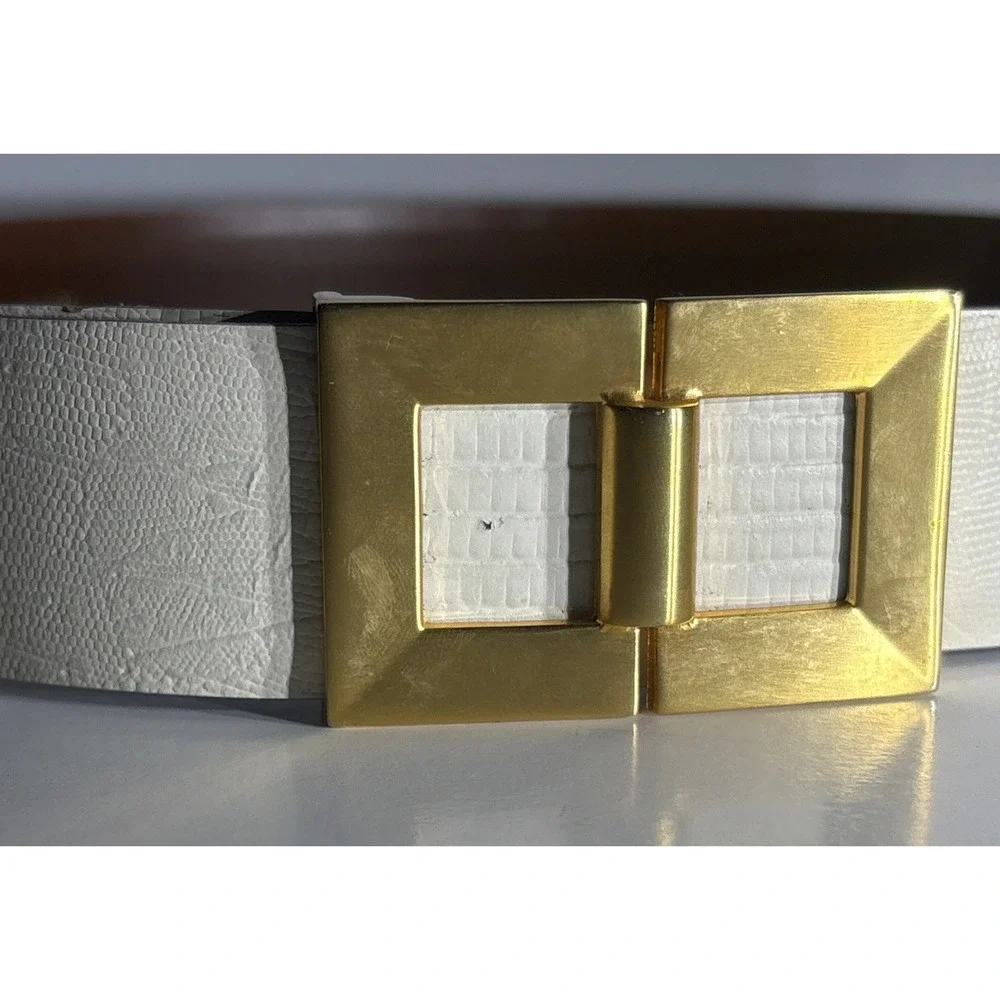 Cipriani White Size Large Lizard Grain Leather Gold Tone Buckle Belt